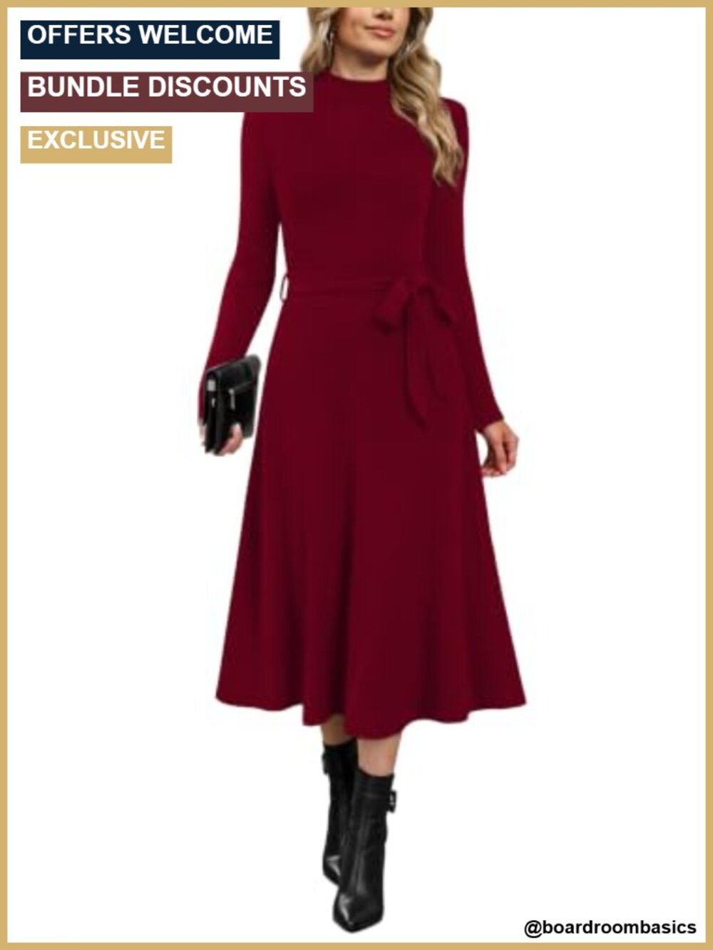 Ribbed Knit Midi Dress Mock Neck Long Sleeve Tie Waist A-Line Pockets